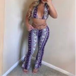 Purple blue Floral Print Halter Crop Top Flared Pants Set large Sexy Hippie Y2K